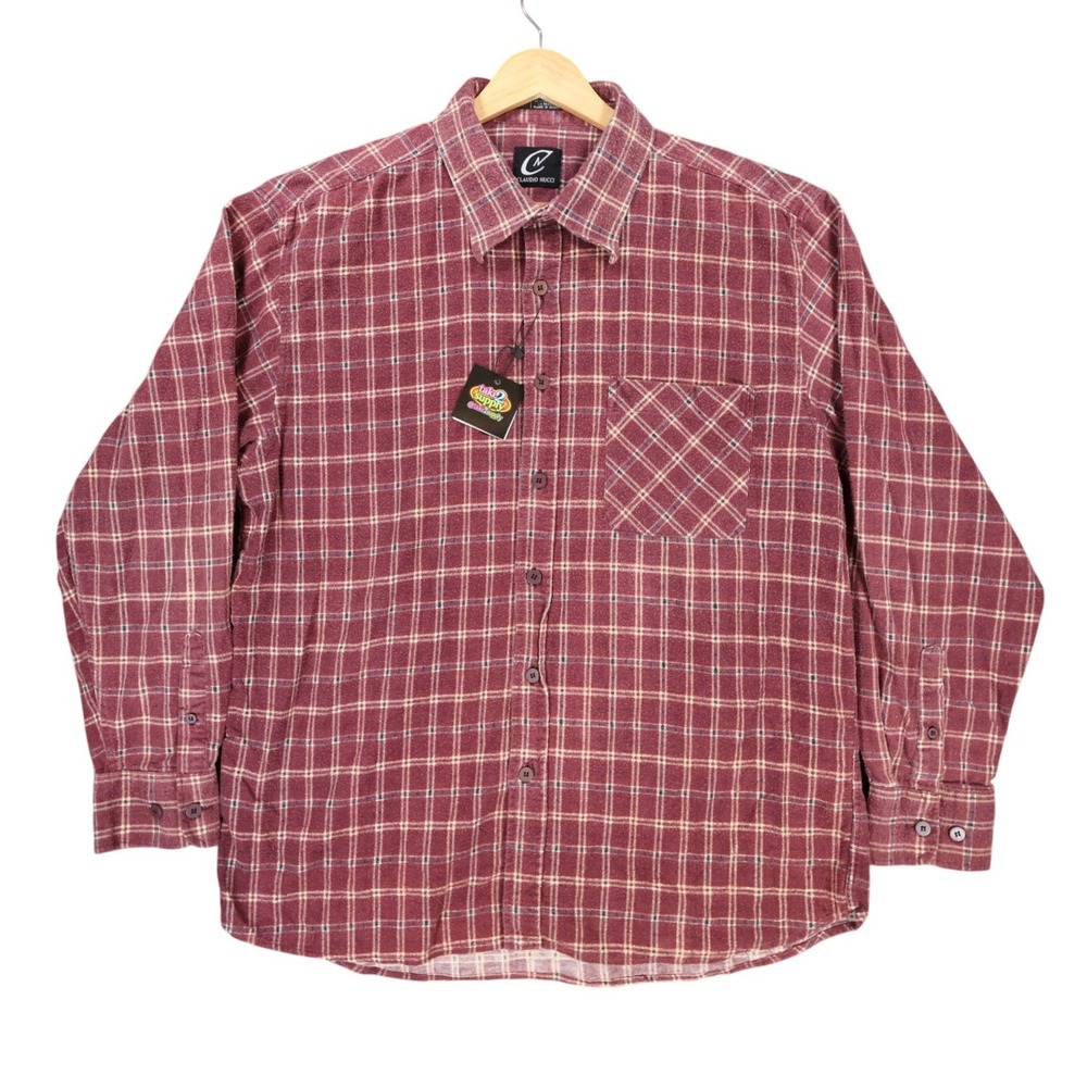 Claudio Nucci Button Up Mens L Burgundy Excellent Plaid‎ Flannel